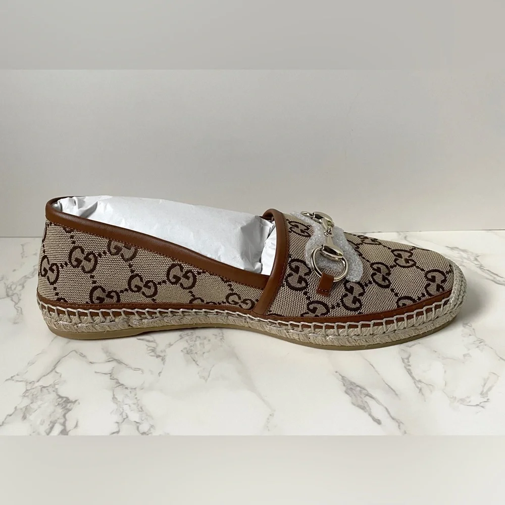 New Gucci Womens Espadrilles Brown Camel GG Canvas Size 38